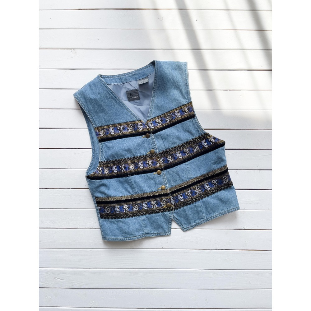 Liz Wear Denim Vest Vintage 90s Floral Embroidered Boho S Blue Ribbon Striped
